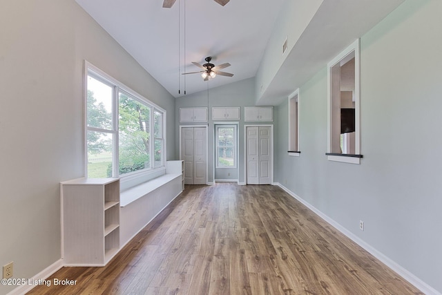 6301 Innisbrook Dr, Prospect, KY 40059 - empty room with a ceiling fan, wood finished floors, and vaulted ceiling