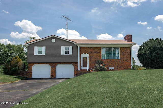 2149 Shrewsbury Rd, Leitchfield, KY 42754 - bi-level home with a garage, brick siding, driveway, a front yard, and a chimney
