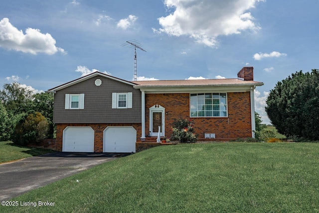 2149 Shrewsbury Rd, Leitchfield, KY 42754 - split foyer home featuring an attached garage, brick siding, a chimney, and asphalt driveway