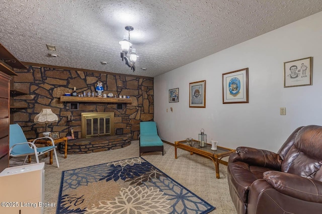 2149 Shrewsbury Rd, Leitchfield, KY 42754 - carpeted living area with a fireplace and a textured ceiling