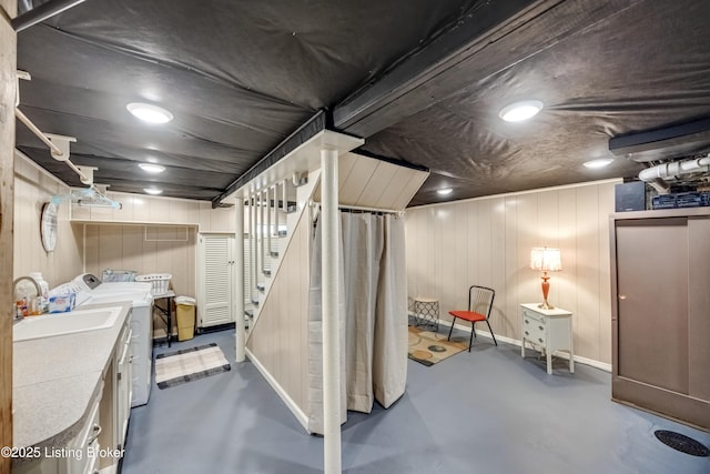 3119 Bobolink Rd, Louisville, KY 40213 - finished basement with washing machine and clothes dryer, stairway, and wood walls