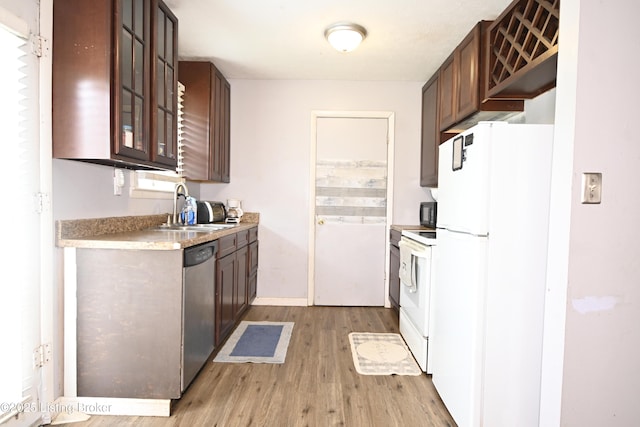 119 E Blue Jay Rd, Louisville, KY 40229 - kitchen with white appliances, light wood-type flooring, glass insert cabinets, light countertops, and dark brown cabinetry