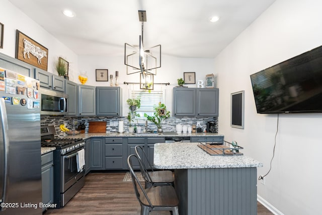 835 Forrest St, Louisville, KY 40217 - kitchen with stainless steel appliances, gray cabinets, backsplash, dark wood-style flooring, and recessed lighting