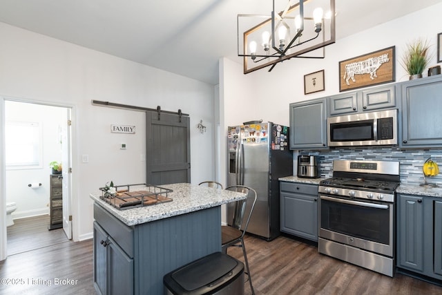 835 Forrest St, Louisville, KY 40217 - kitchen with appliances with stainless steel finishes, gray cabinetry, dark wood-style floors, and backsplash
