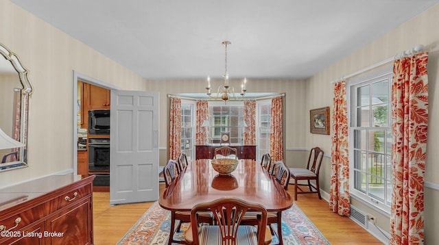 3615 Hycliffe Ave, Louisville, KY 40207 - dining room with a chandelier, wallpapered walls, and light wood-style floors