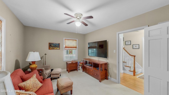 3615 Hycliffe Ave, Louisville, KY 40207 - living area featuring a ceiling fan, stairway, and carpet