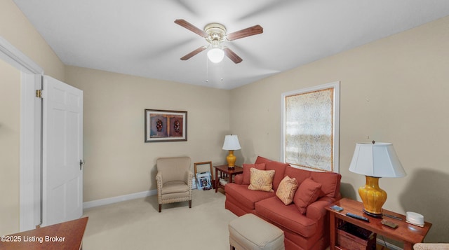 3615 Hycliffe Ave, Louisville, KY 40207 - carpeted living room featuring a ceiling fan and baseboards