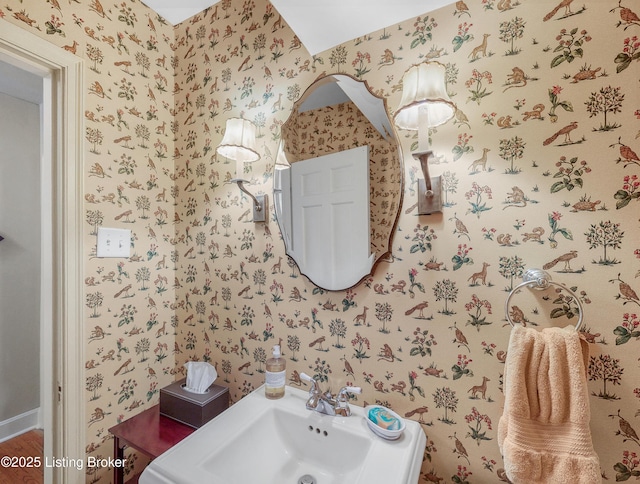 3615 Hycliffe Ave, Louisville, KY 40207 - half bath with wallpapered walls and wood finished floors
