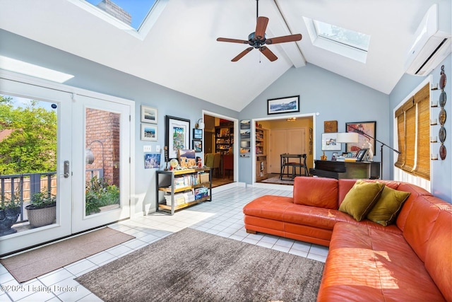 7104 Fox Harbor Rd, Prospect, KY 40059 - tiled living area with a skylight, a wall mounted AC, high vaulted ceiling, beam ceiling, and ceiling fan