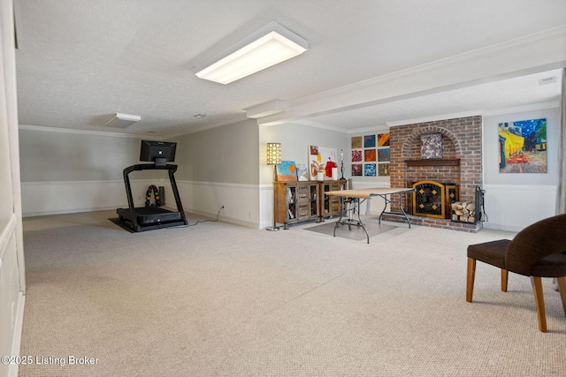 7104 Fox Harbor Rd, Prospect, KY 40059 - interior space featuring a brick fireplace, carpet floors, crown molding, a textured ceiling, and a wainscoted wall