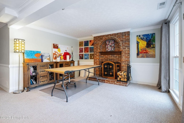 7104 Fox Harbor Rd, Prospect, KY 40059 - carpeted home office featuring a brick fireplace, crown molding, wainscoting, and a textured ceiling