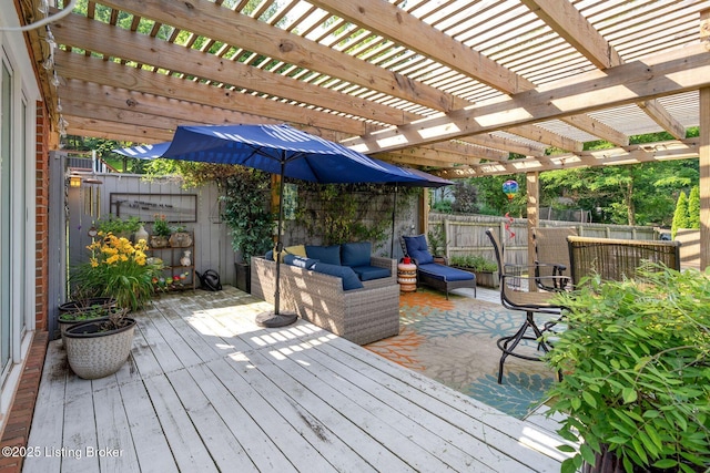 7104 Fox Harbor Rd, Prospect, KY 40059 - wooden deck featuring a fenced backyard, a pergola, and an outdoor hangout area