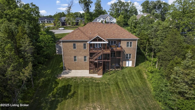 6103 Winkler Rd, Crestwood, KY 40014 - rear view of property featuring a patio, a wooden deck, a lawn, stairway, and brick siding