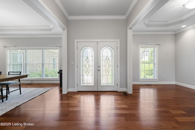 6103 Winkler Rd, Crestwood, KY 40014 - entrance foyer featuring wood finished floors, ornamental molding, french doors, and a tray ceiling
