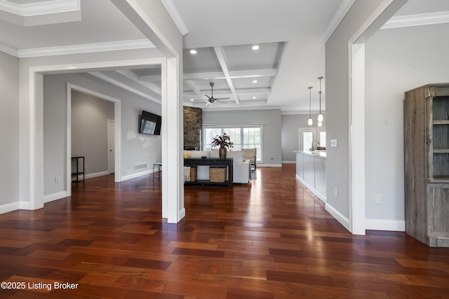 6103 Winkler Rd, Crestwood, KY 40014 - foyer entrance with coffered ceiling, a ceiling fan, dark wood-type flooring, beamed ceiling, and recessed lighting