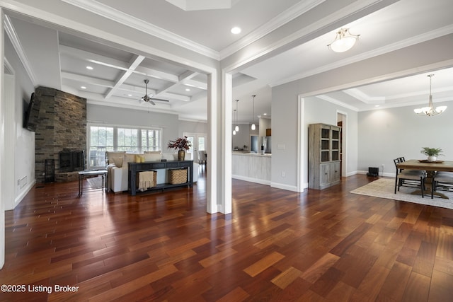 6103 Winkler Rd, Crestwood, KY 40014 - living area with ceiling fan, dark wood finished floors, coffered ceiling, beam ceiling, and a chandelier