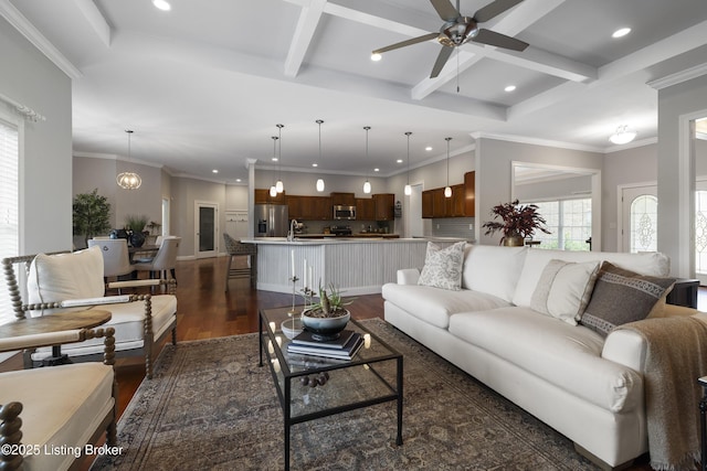 6103 Winkler Rd, Crestwood, KY 40014 - living area featuring dark wood-style flooring, recessed lighting, a ceiling fan, beamed ceiling, and coffered ceiling