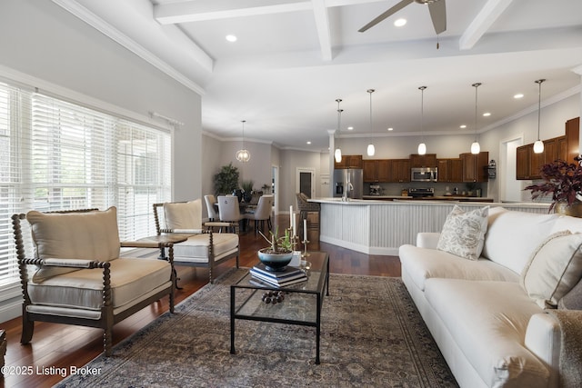 6103 Winkler Rd, Crestwood, KY 40014 - living room featuring ceiling fan, dark wood finished floors, beam ceiling, and recessed lighting