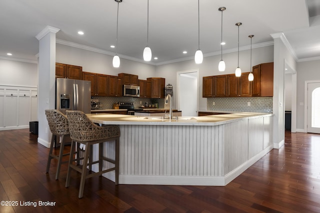 6103 Winkler Rd, Crestwood, KY 40014 - kitchen with stainless steel microwave, electric range, tasteful backsplash, dark wood-style floors, and a peninsula