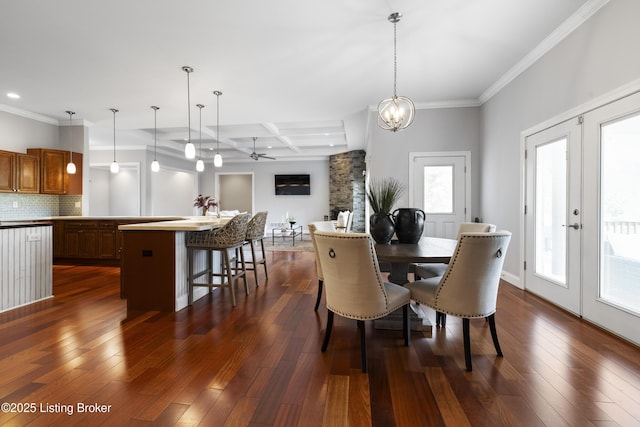 6103 Winkler Rd, Crestwood, KY 40014 - dining space featuring dark wood-style flooring, coffered ceiling, recessed lighting, beam ceiling, and ornamental molding