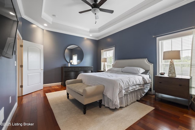 6103 Winkler Rd, Crestwood, KY 40014 - bedroom featuring a raised ceiling, wood-type flooring, ornamental molding, a ceiling fan, and recessed lighting