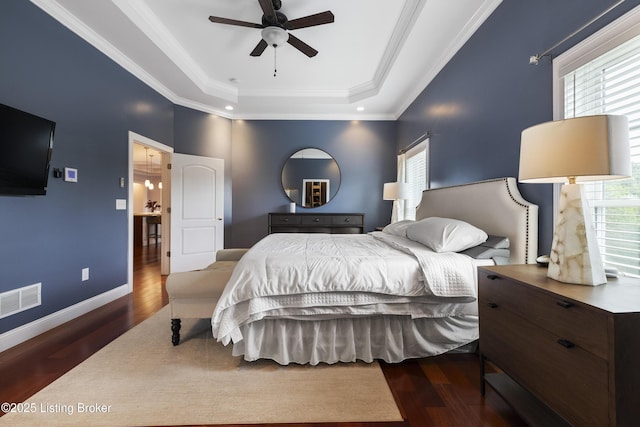 6103 Winkler Rd, Crestwood, KY 40014 - bedroom with wood finished floors, a raised ceiling, multiple windows, ornamental molding, and ceiling fan