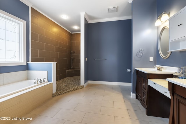 6103 Winkler Rd, Crestwood, KY 40014 - full bath with a garden tub, vanity, crown molding, a tile shower, and tile patterned flooring