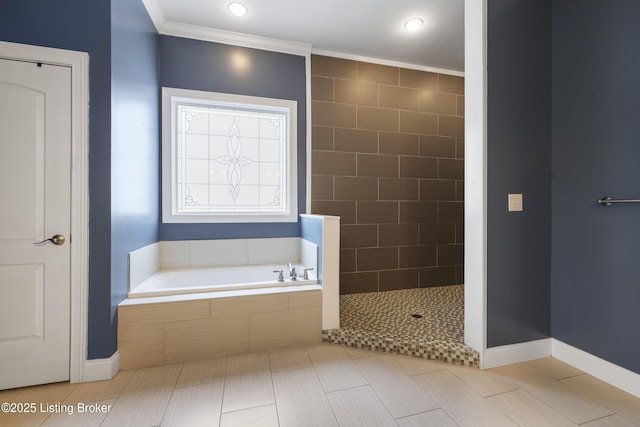 6103 Winkler Rd, Crestwood, KY 40014 - full bathroom with a bath, tiled shower, and ornamental molding