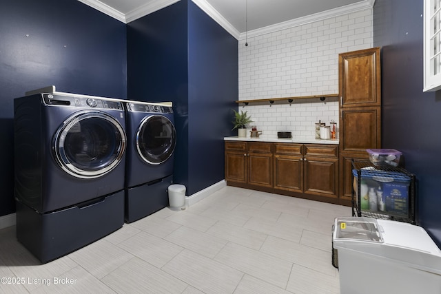 6103 Winkler Rd, Crestwood, KY 40014 - laundry area with washing machine and clothes dryer, cabinet space, and crown molding