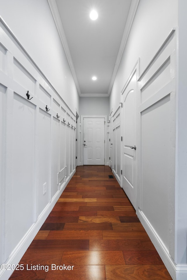6103 Winkler Rd, Crestwood, KY 40014 - corridor featuring ornamental molding, dark wood-style flooring, and recessed lighting