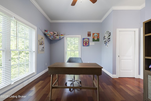 6103 Winkler Rd, Crestwood, KY 40014 - office area featuring healthy amount of natural light, a ceiling fan, dark wood-type flooring, and crown molding