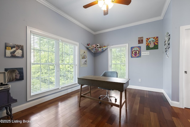 6103 Winkler Rd, Crestwood, KY 40014 - office area featuring crown molding, ceiling fan, and wood finished floors