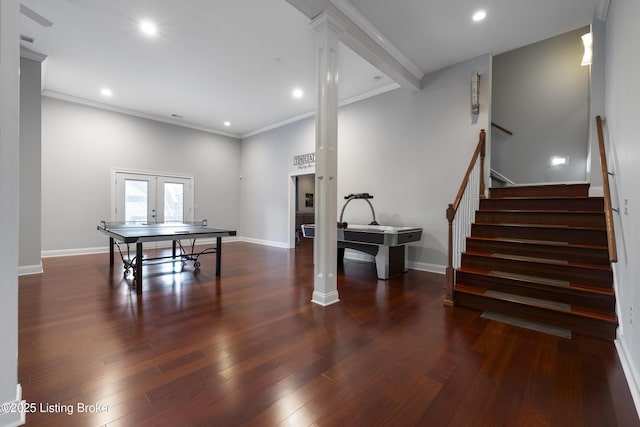 6103 Winkler Rd, Crestwood, KY 40014 - recreation room featuring decorative columns, wood finished floors, recessed lighting, crown molding, and french doors