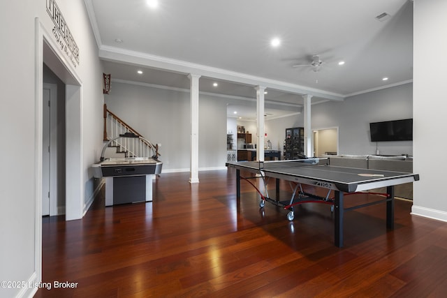 6103 Winkler Rd, Crestwood, KY 40014 - game room with ornate columns, ceiling fan, wood finished floors, recessed lighting, and crown molding