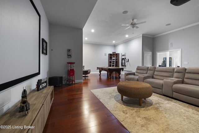 6103 Winkler Rd, Crestwood, KY 40014 - living area featuring billiards, recessed lighting, a ceiling fan, dark wood-style flooring, and ornamental molding