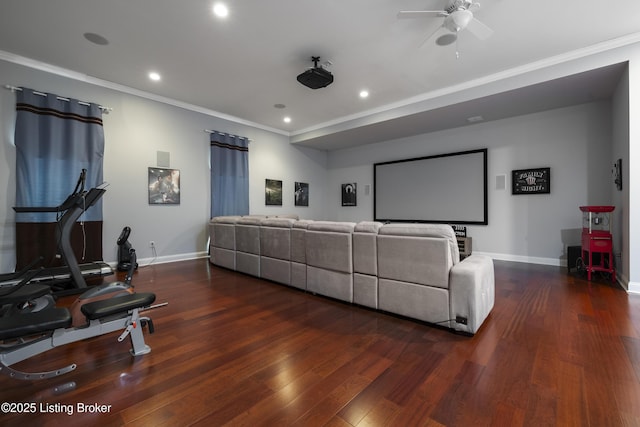 6103 Winkler Rd, Crestwood, KY 40014 - home theater room with wood finished floors, recessed lighting, ornamental molding, and a ceiling fan