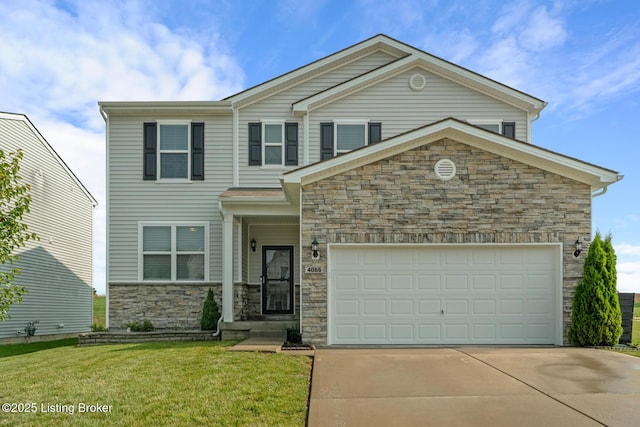 4066 Firestone Way, Shelbyville, KY 40065 - view of front of house with stone siding, concrete driveway, a front yard, and an attached garage