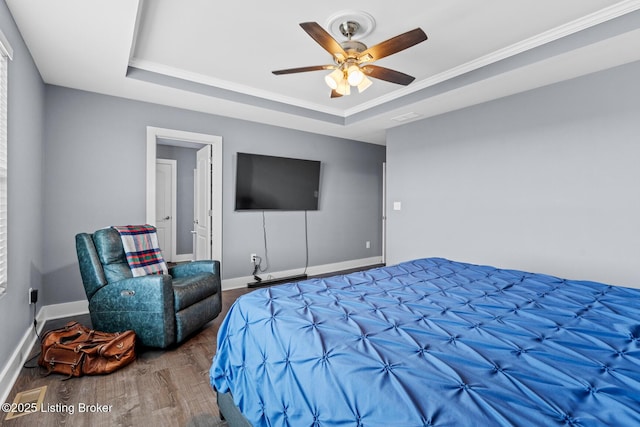 4066 Firestone Way, Shelbyville, KY 40065 - bedroom with wood finished floors, a tray ceiling, a ceiling fan, and ornamental molding