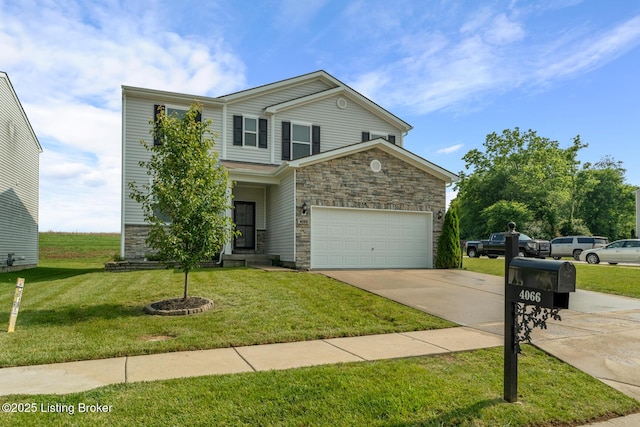 4066 Firestone Way, Shelbyville, KY 40065 - view of front of house featuring stone siding, driveway, a front lawn, and an attached garage