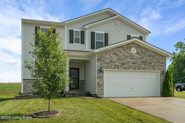 4066 Firestone Way, Shelbyville, KY 40065 - view of front of property featuring stone siding, concrete driveway, a front yard, and an attached garage