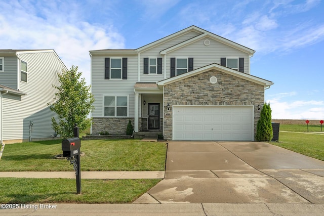 4066 Firestone Way, Shelbyville, KY 40065 - view of front of home with stone siding, driveway, a front yard, and a garage