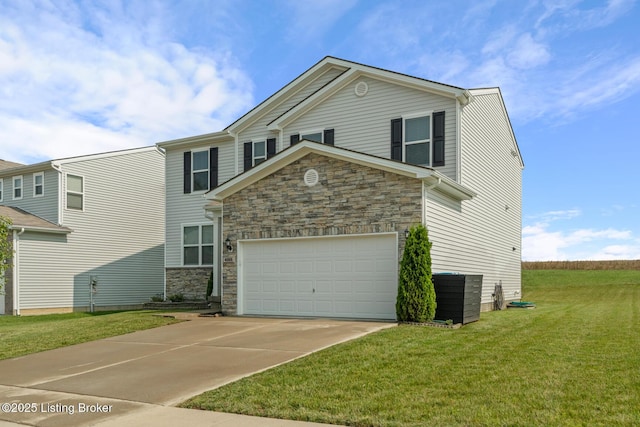 4066 Firestone Way, Shelbyville, KY 40065 - view of front of property with stone siding, concrete driveway, a front lawn, and a garage