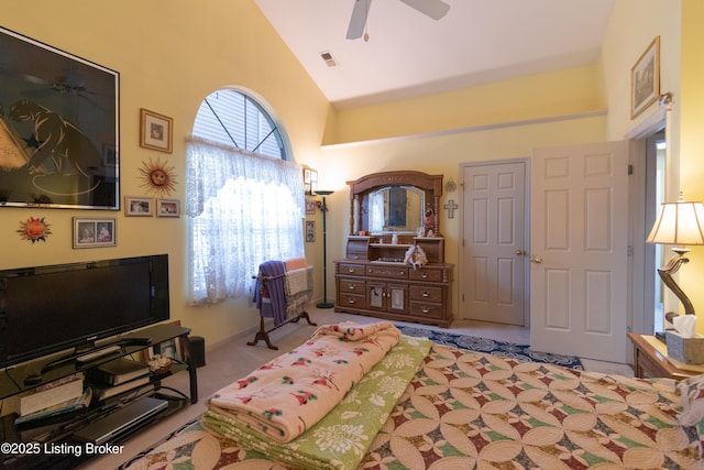 115 Canewood Blvd, Georgetown, KY 40324 - bedroom with high vaulted ceiling, carpet floors, and a ceiling fan