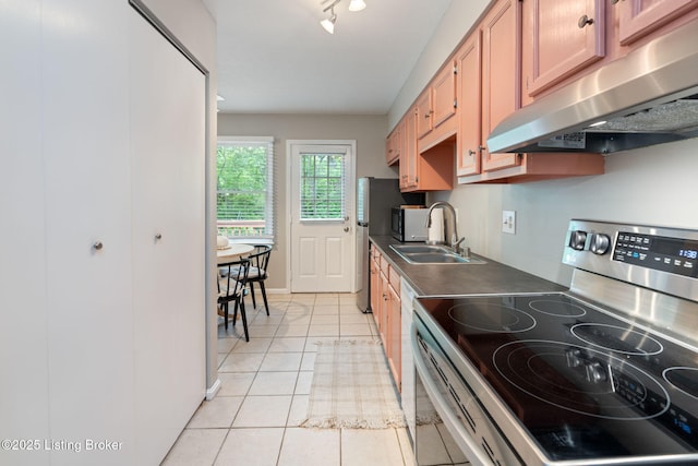 10757 Colonial Woods Ct, Louisville, KY 40023 - kitchen featuring stainless steel appliances, exhaust hood, light tile patterned floors, and dark countertops