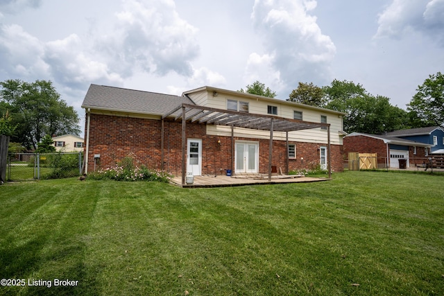 7906 Brynwood Ct, Louisville, KY 40291 - back of property with a deck, a pergola, brick siding, a gate, and french doors