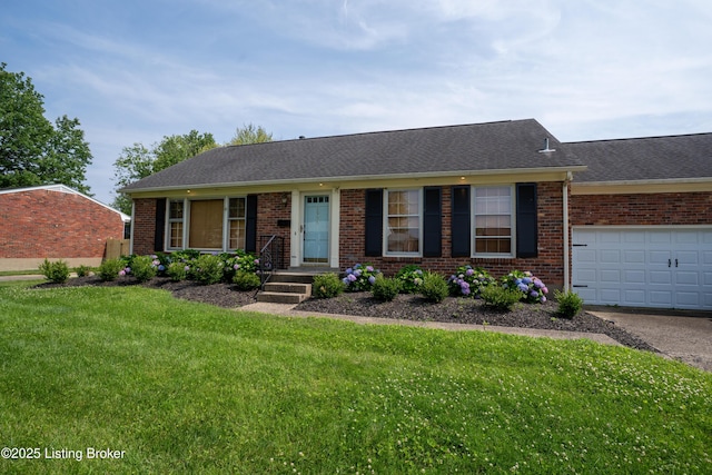 7906 Brynwood Ct, Louisville, KY 40291 - ranch-style home with brick siding, a front lawn, asphalt driveway, roof with shingles, and an attached garage