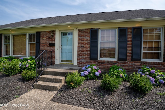 7906 Brynwood Ct, Louisville, KY 40291 - doorway to property featuring brick siding and a shingled roof