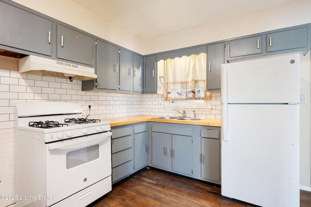 1833 Farnsley Rd, Louisville, KY 40216 - kitchen featuring white appliances, under cabinet range hood, gray cabinetry, dark wood finished floors, and tasteful backsplash