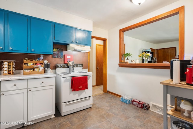1833 Farnsley Rd, Louisville, KY 40216 - kitchen featuring white electric stove, under cabinet range hood, tasteful backsplash, light countertops, and blue cabinets