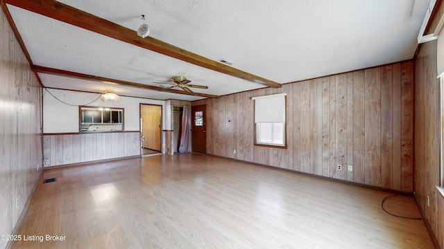 116 E Southern Heights Ave, Louisville, KY 40214 - unfurnished living room featuring wood finished floors, beam ceiling, wooden walls, a ceiling fan, and a textured ceiling